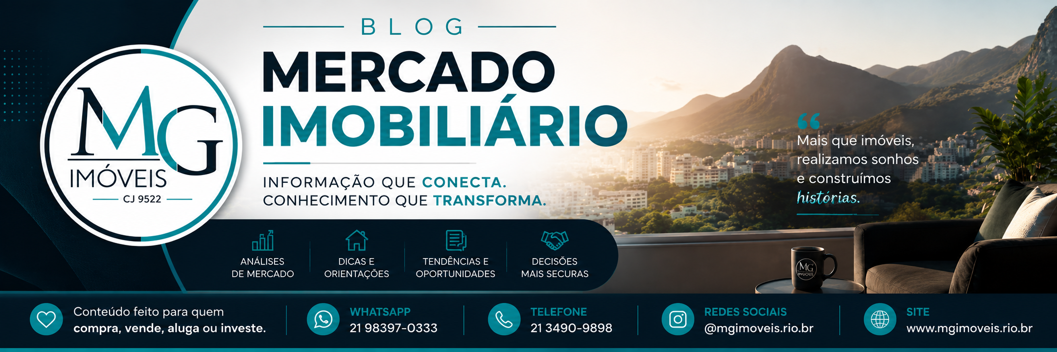 O Blog Mercado Imobiliário da MG Imóveis reúne informação, análise e orientação para quem deseja tomar decisões mais seguras sobre imóveis e patrimônio.  Conteúdos sobre compra e venda, locação, administração, financiamento, avaliação, investimentos, direito imobiliário e bairros e regiões do Rio de Janeiro, sempre com uma abordagem prática e voltada à realidade de quem vive o mercado.  Porque entender o mercado é o primeiro passo para tomar melhores decisões.
